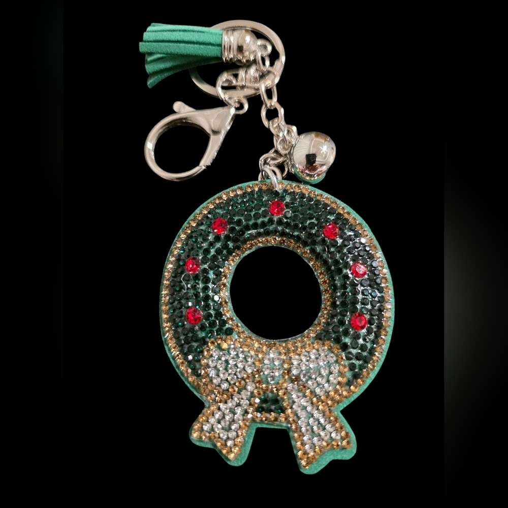 Festive Green Wreath Bag Charm Keychain with Rhinestones